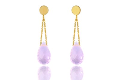 Kolczyki z naturalnym kwarcem różowym w formie szlifowanych kropli w złotej oprawie, biżuteria Brazi