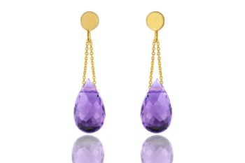 Fioletowe kolczyki Brazi Druse Jewelry z ametystu, kształt kropli, złota oprawa.