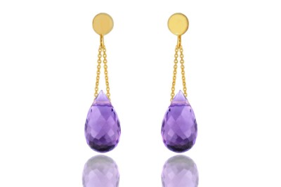 Fioletowe kolczyki Brazi Druse Jewelry z ametystu, kształt kropli, złota oprawa.