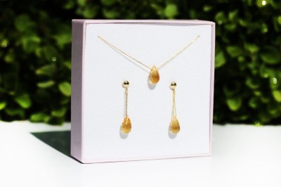 Komplet Brazi Druse Jewelry: cytrynowy komplet, naszyjnik i kolczyki, oprawione w złoto, krople.