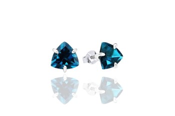 Srebrne kolczyki z topazem London Blue o szlifie trylion, naturalne kamienie Brazi.