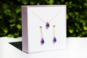Komplet Brazi Druse Jewelry: fioletowy ametyst, złoty naszyjnik i kolczyki, oprawa 585.
