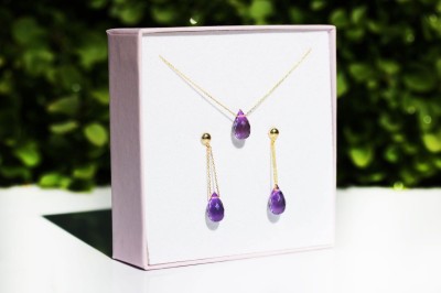 Komplet Brazi Druse Jewelry: fioletowy ametyst, złoty naszyjnik i kolczyki, oprawa 585.