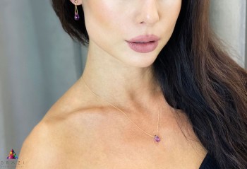 Komplet Brazi Druse Jewelry: fioletowy ametyst, złoty naszyjnik i kolczyki, oprawa 585.