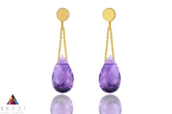 Fioletowy komplet Brazi Druse Jewelry: kolczyki ametystowe, oprawa złoto 585, kształt kropli.