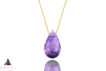 Brazi Druse: Fioletowy naszyjnik z ametystu, oprawa złota 585, szlif kroplowy.