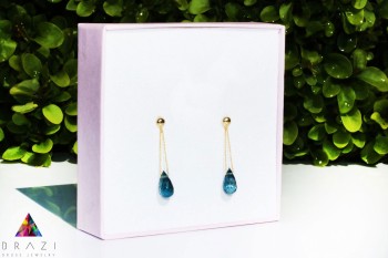 Kolczyki Brazi Druse Jewelry: topazy London Blue, krople, złoto 585.