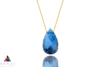 Brazi Druse Jewelry: Naszyjnik z niebieskim topazem London Blue, szlif kropla, złoto 585.