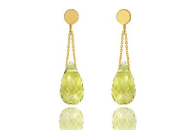 Złote kolczyki z naturalnym kwarcem lemon w formie fasetowanych kropel, biżuteria Brazi.