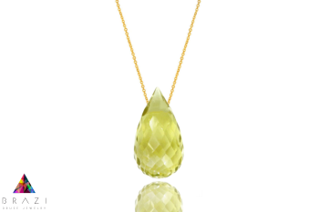 Złoty naszyjnik z wisiorkiem z kwarcu cytrynowego w formie kropli, złoto 585, marka Brazi.