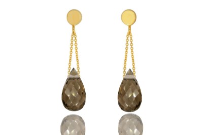 Kolczyki Kwarc Dymny Brazi Druse, złote 585, fasetowane krople.