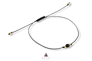 Bransoletka z naturalnym czarnym turmalinem i złotymi koralikami na czarnym sznurku, biżuteria Brazi