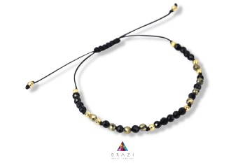 Brazi Druse bransoletka Szczęścia: turmalin i piryt, czarna i złota, na sznurku.