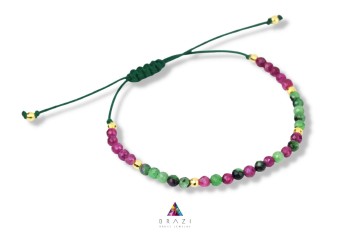 Bransoletka z naturalnym zoisytem i rubinem na zielonym sznurku ze złotymi elementami, biżuteria Brazi
