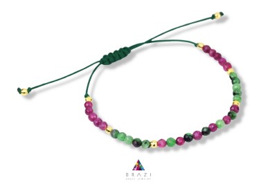 Bransoletka z naturalnym zoisytem i rubinem na zielonym sznurku ze złotymi elementami, biżuteria Brazi