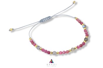 Bransoletka z naturalnym turmalinem i labradorytem na beżowym sznurku, biżuteria Brazi