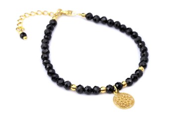 Elegancka bransoletka Brazi Druse Jewelry z czarnego turmalinu, złota zawieszka.