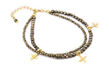 Bransoletka Brazi Druse, podwójna, z pirytu, złote zawieszki.