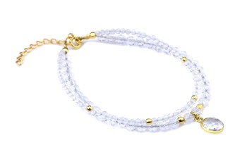 Bransoletka podwójna z kryształu górskiego ze złotym zapięciem typu karabińczyk, biżuteria Brazi