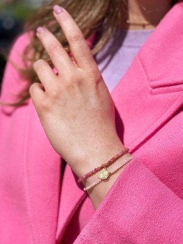 Podwójna bransoletka z różowym turmalinem i kwarcem, złota zawieszka mandala, biżuteria Brazi