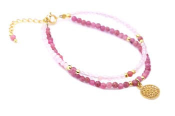 Bransoletka z fasetowanym turmalinem i kwarcem różowym, złota zawieszka mandala i zapięcie federing, Brazi