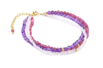 Trójrzędowa bransoletka Brazi Druse: turmalin, kwarc różowy, ametyst.