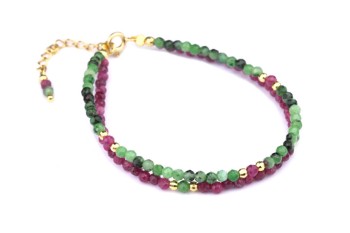 Bransoletka Rubin Zoisyt Podwójna - Brazi Druse Jewelry.  Delikatna, dwurzędowa bransoletka z różowymi i zielonymi kamieniami, złote zapięcie.
