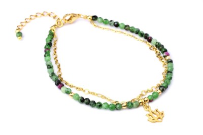 Bransoletka z naturalnego zoisytu z rubinem i złotym łańcuszkiem z zawieszką lotosu, biżuteria Brazi