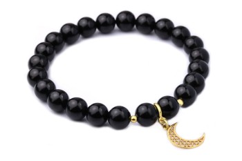Bransoletka z naturalnego czarnego turmalinu ze złotymi dodatkami i zawieszką księżycem, biżuteria Brazi
