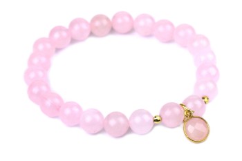 Różowa bransoletka z kwarcu różowego, złota zawieszka. Brazi Druse Jewelry.