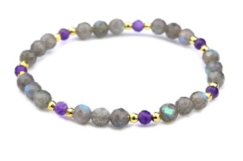 Bransoletka z fasetowanego labradorytu i ametystu ze złotymi elementami, biżuteria Brazi