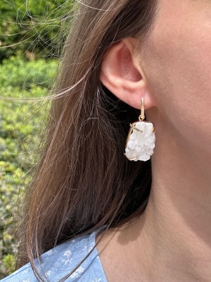 Kolczyki Brazi Druse Jewelry, Kryształ Górski, złocone, surowe, naturalne.