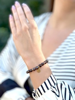 Bransoletka Brazi Druse Jewelry z kwarcu dymnego, fasetowane kule, zawieszka mandala.