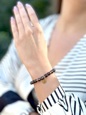 Bransoletka Brazi Druse Jewelry z kwarcu dymnego, fasetowane kule, zawieszka mandala.