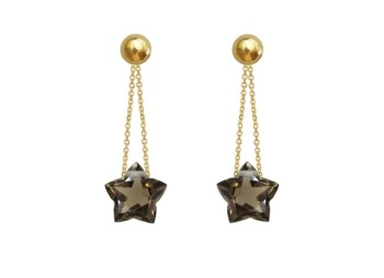 Złote kolczyki z naturalnym kwarcem dymnym w kształcie gwiazdy i ozdobnymi łańcuszkami, biżuteria Brazi