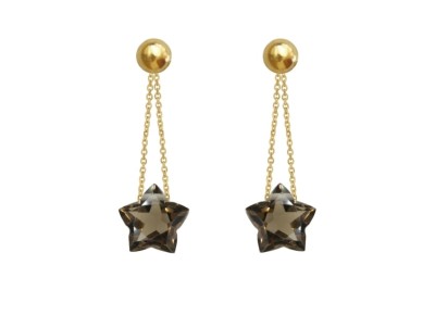 Złote kolczyki z naturalnym kwarcem dymnym w kształcie gwiazdy i ozdobnymi łańcuszkami, biżuteria Brazi