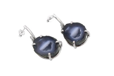 Srebrne kolczyki z naturalnym agatem meksykańskim w formie geody, biżuteria Brazi