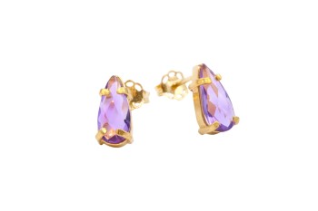 Kolczyki z naturalnym ametystem o szlifie łezki w złoconej oprawie, biżuteria Brazi