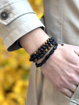 Męska bransoletka Brazi Druse: Tygrysie Oko, Lawa, Turmalin.  Eleganckie, wielowarstwowe zestawienie.