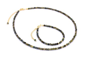 Zestaw Brazi Druse: naszyjnik i bransoletka z zielonego turmalinu, delikatny, złoty.