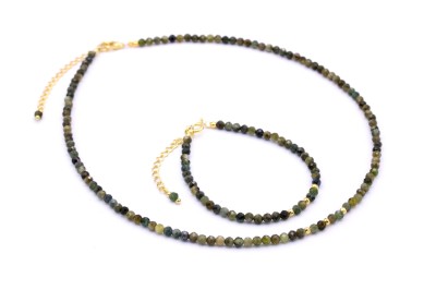 Zestaw Brazi Druse: naszyjnik i bransoletka z zielonego turmalinu, delikatny, złoty.