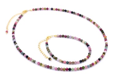 Zestaw naszyjnik i bransoletka z naturalnym kolorowym turmalinem i pozłacanymi elementami, biżuteria Brazi