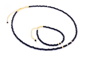 Zestaw biżuterii z czarnym turmalinem i pozłacanymi elementami, naszyjnik i bransoletka Brazi