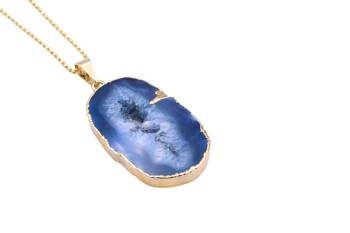 Naszyjnik Brazi Druse z niebieskim agatem, złocona oprawa, geoda.