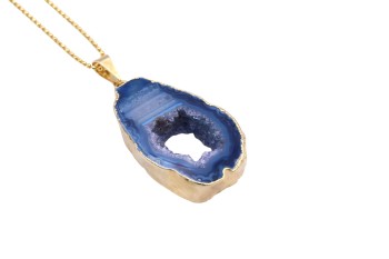 Naszyjnik Brazi Druse z niebieskim agatem, złocona oprawa, geoda.