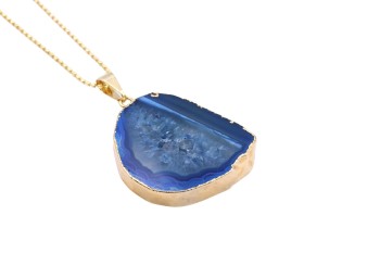 Naszyjnik Brazi Druse z niebieskim agatem, złocona oprawa, plaster geody.