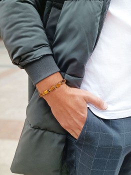 Męska bransoletka z bryłkami tygrysiego oka na brązowym sznurku, biżuteria Brazi