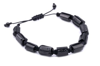 Bransoletka męska z bryłek czarnego turmalinu na czarnym sznurku, biżuteria Brazi