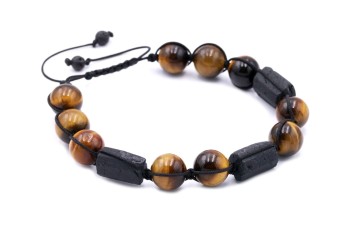 Bransoletka męska z tygrysim okiem i surowym turmalinem na czarnym sznurku, biżuteria marki Brazi