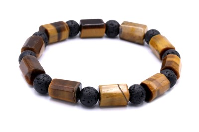 Bransoletka męska z bryłek tygrysiego oka i kulek czarnej lawy wulkanicznej, biżuteria Brazi